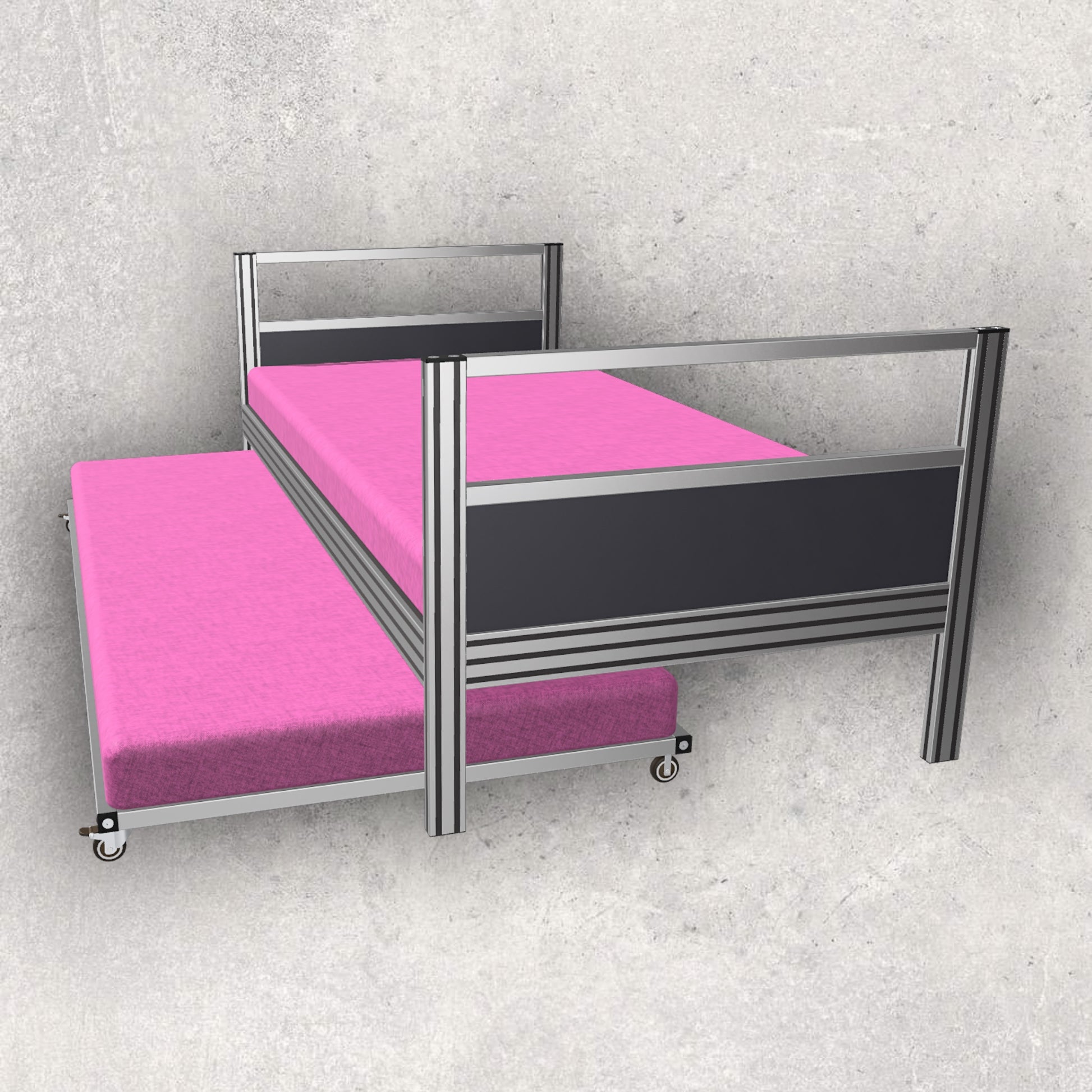 aluminum extrusion double bed, slide out under bed, single size bed, digital download, aluminum extrusion structure, build plan, cad, the aluminum carpenter, 8020, 80/20, side view