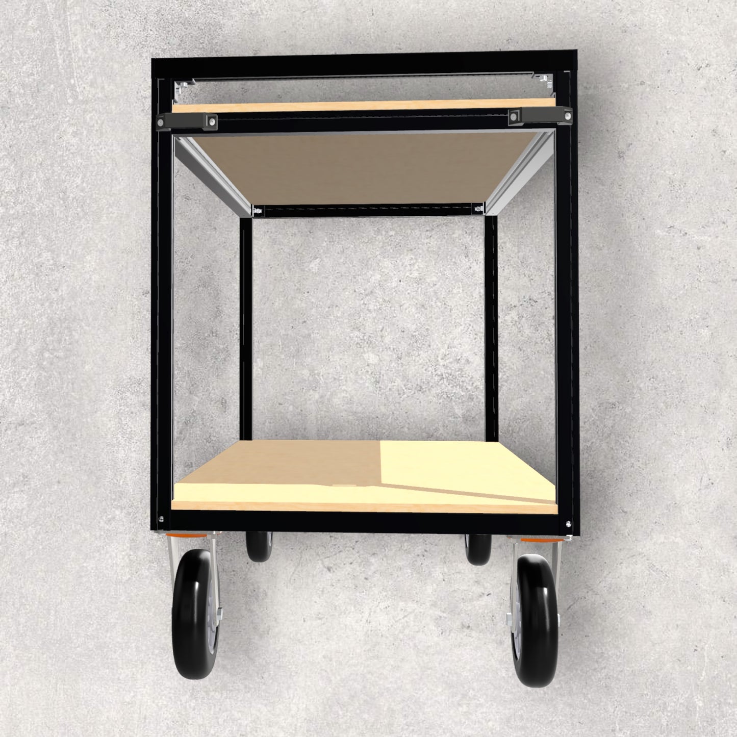 aluminum extrusion smalll cart, mobile cart, trolley, simple cart, push cart, material fusion, digital download, aluminum extrusion structure, build plan, cad, the aluminum carpenter, 8020, 80/20, front view