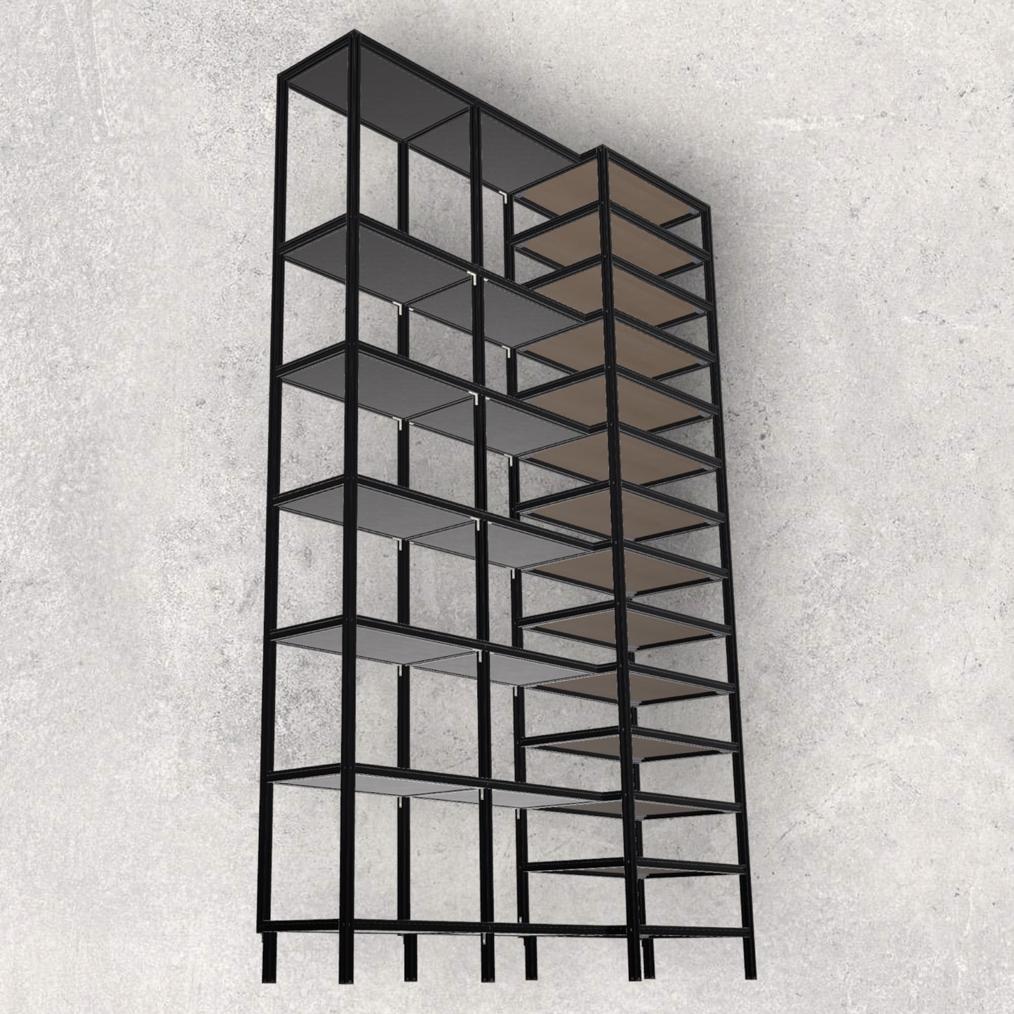 Aluminum Shelf, Study Room Shelf, Multipurpose, Aluminum Design, 3D Model, material fusion, digital download, aluminum extrusion structure, build plan, cad, the aluminum carpenter, 8020, 80/20, front view