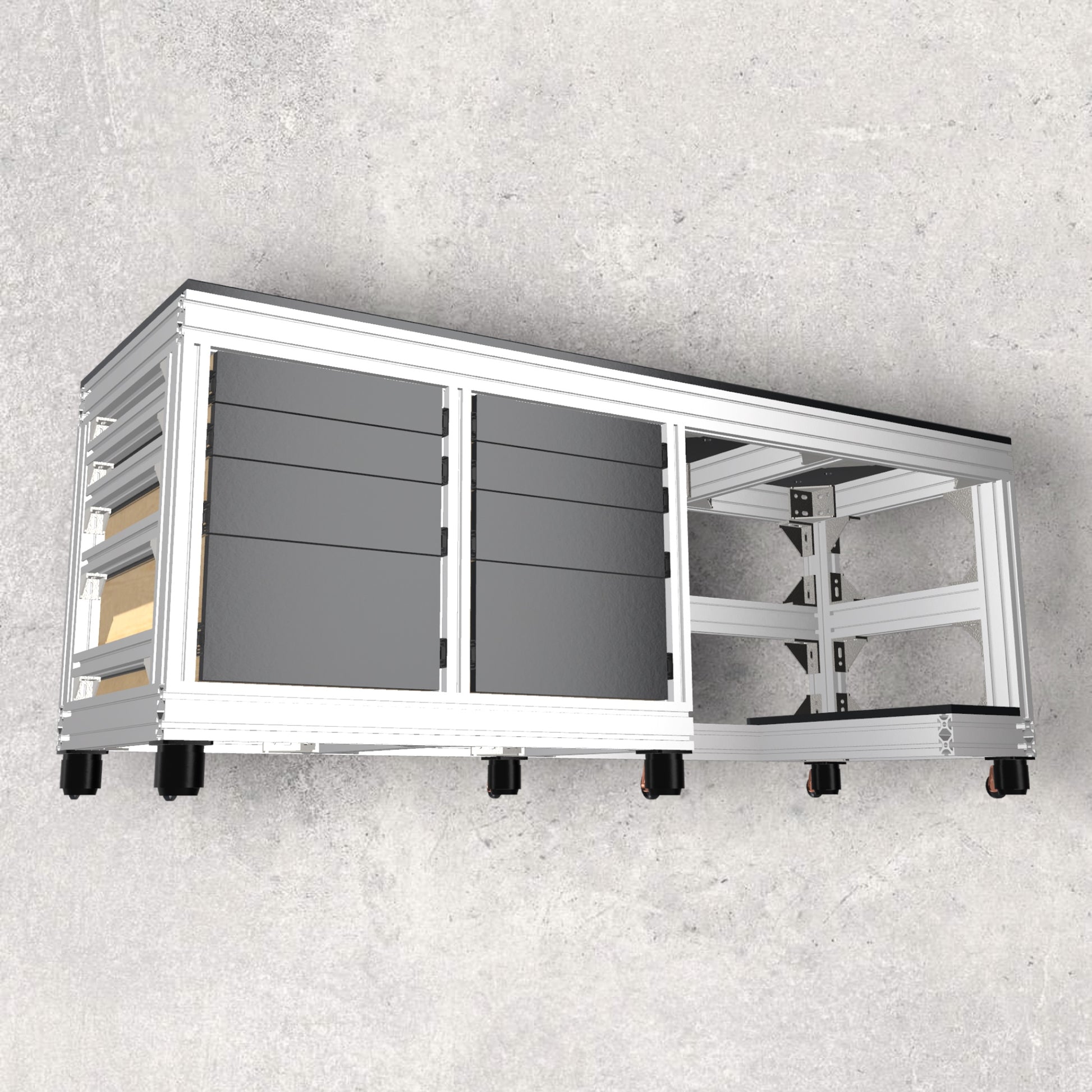 8020, 80/20, 2020, 8020 Design, Aluminum Design, Aluminium Design, Aluminum Extrusion Design, Aluminium Extrusion Design, Aluminum Extrusion, 3d Model, 3 D Model, Digital, Download, Digital Download, Extruded Aluminum, Extruded Aluminium, Workshop, Workshop Assembly Table, MFT, MFT Assembly Table, Front Left View