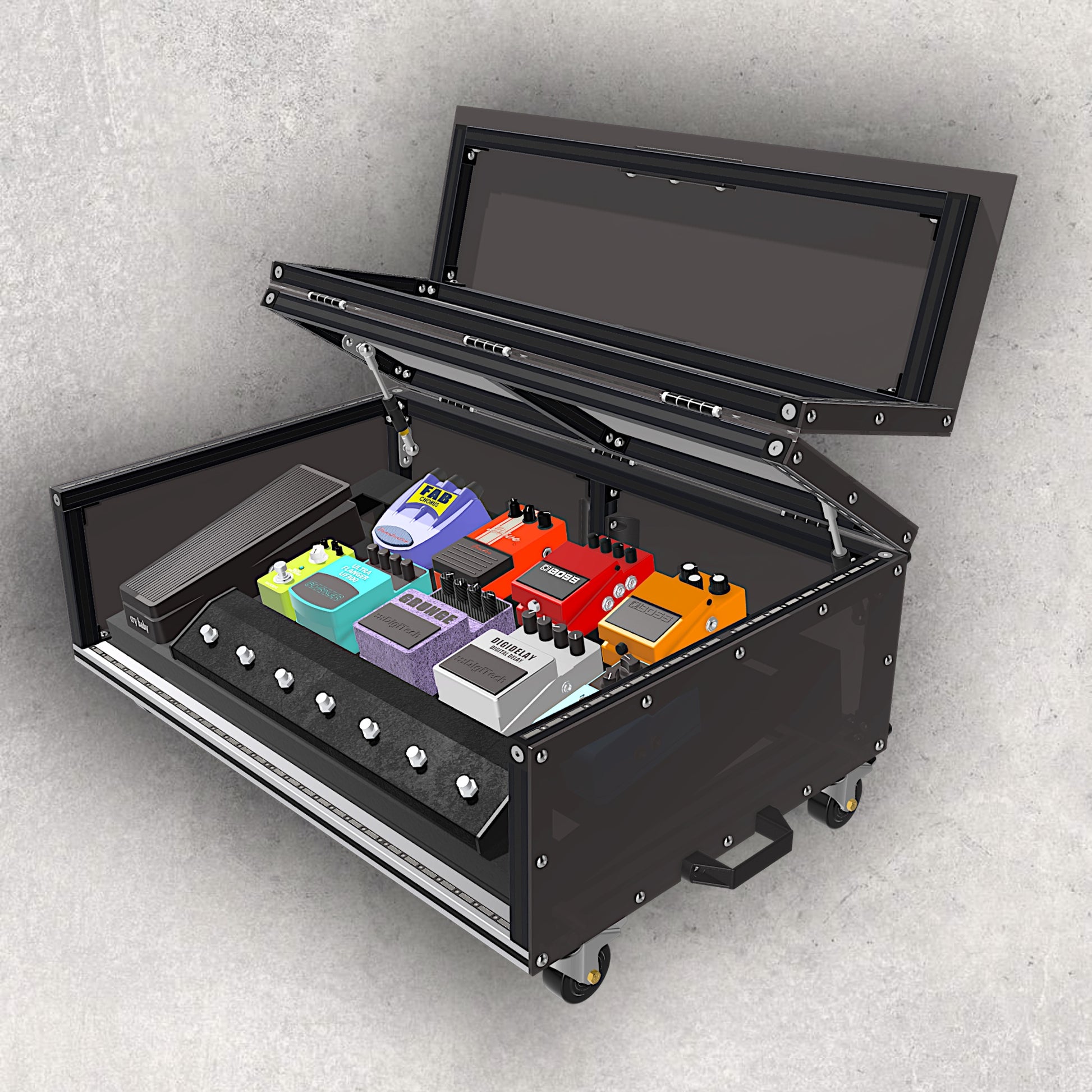 Guitar Pedalboard, Guitar Pedalboard Case, Pedalboard Box, Musicians' Box, Mobile Case, Material Fusion, Flip Lid Case, Magnetic Lid Case, Design, Plans, Build Plans, Aluminum Extrusion Design, CAD, CAD File, Digital Download, Digital, Aluminum Extrusion, Aluminium Extrusion, 8020, 80/20, Pedals View