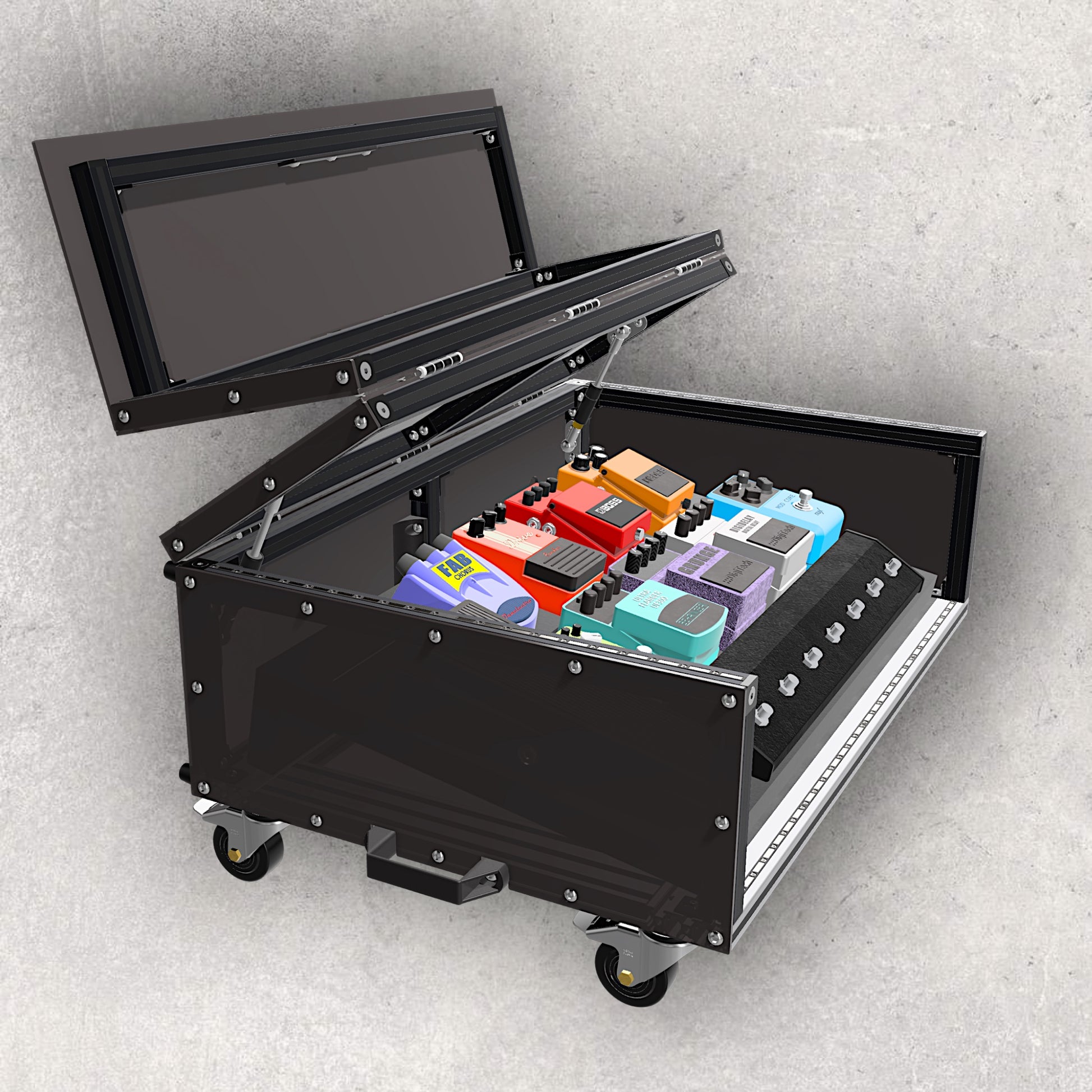 Guitar Pedalboard, Guitar Pedalboard Case, Pedalboard Box, Musicians' Box, Mobile Case, Material Fusion, Flip Lid Case, Magnetic Lid Case, Design, Plans, Build Plans, Aluminum Extrusion Design, CAD, CAD File, Digital Download, Digital, Aluminum Extrusion, Aluminium Extrusion, 8020, 80/20, Pedals View