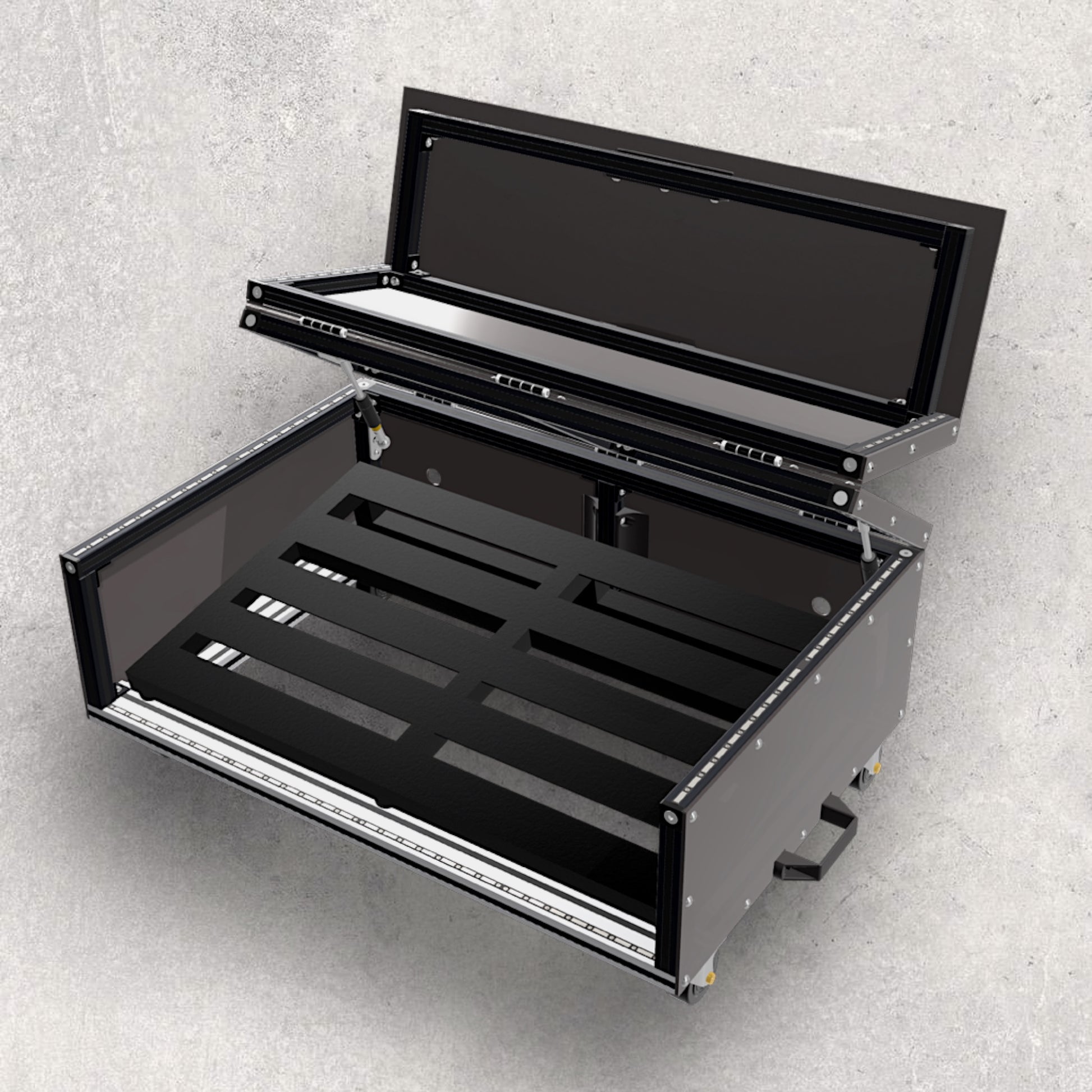 Guitar Pedalboard, Guitar Pedalboard Case, Pedalboard Box, Musicians' Box, Mobile Case, Material Fusion, Flip Lid Case, Magnetic Lid Case, Design, Plans, Build Plans, Aluminum Extrusion Design, CAD, CAD File, Digital Download, Digital, Aluminum Extrusion, Aluminium Extrusion, 8020, 80/20, Top View