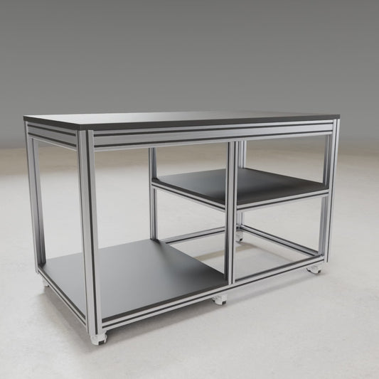 Customized Laboratory Mobile Table 3D build animation: aluminum extrusion frame, castors, shelves and black laminate top assembling