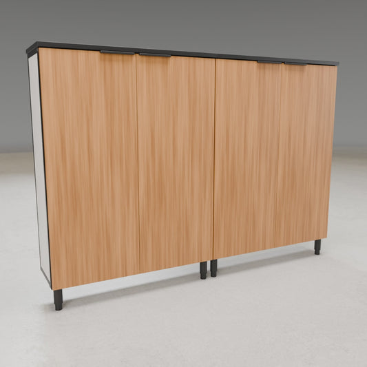 Twin Shoe Rack 3D build animation: aluminum extrusion frame, hinges, shelf boards and doors assembling