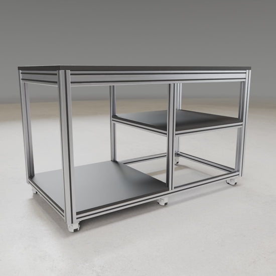 Customized Laboratory Mobile Table 3D build animation: aluminum extrusion frame, castors, shelves and black laminate top assembling