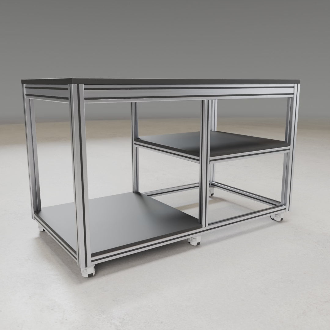 Customized Laboratory Mobile Table 3D build animation: aluminum extrusion frame, castors, shelves and black laminate top assembling