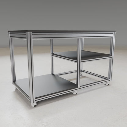Customized Laboratory Mobile Table 3D build animation: aluminum extrusion frame, castors, shelves and black laminate top assembling