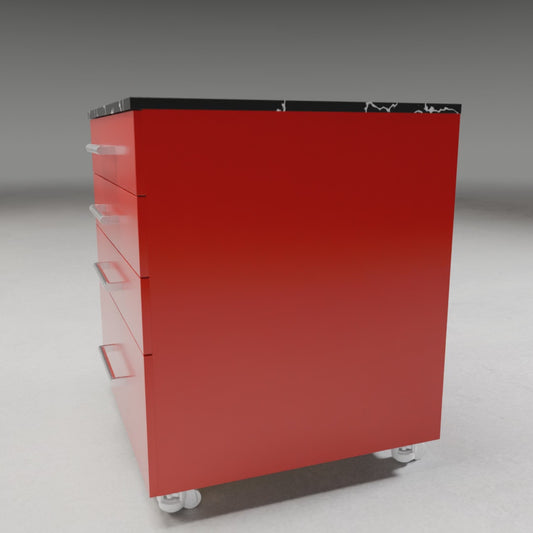 Strongest Drawer Cabinet 3D build animation: aluminum extrusion frame, red panels, black marble top and four drawers assembling