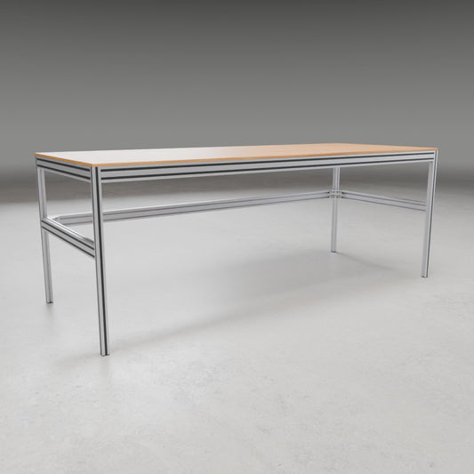 Simple Workshop Table 3D build animation: aluminum extrusion frame, slot covers and oak top assembling