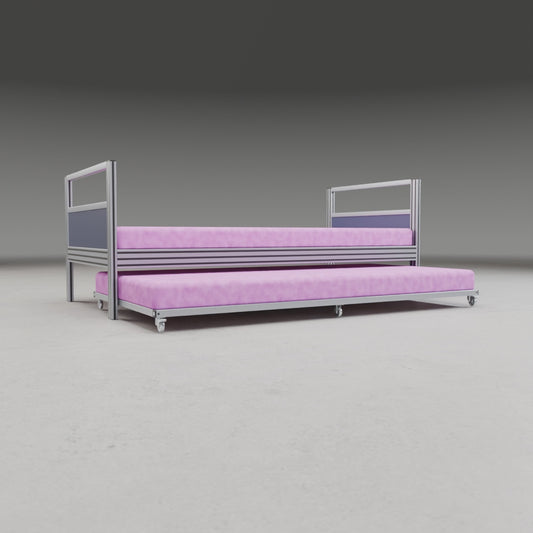 Aluminum Extrusion Double Bed 3D build animation: 3090 and 3060 extrusion frame, MDF headboards, slats and a pull-out bed assembling