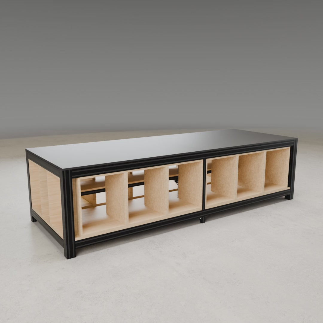 Massive Workbench 3D build animation: black aluminum extrusion frame, birch plywood panels, black laminate tops and drawer boxes assembling